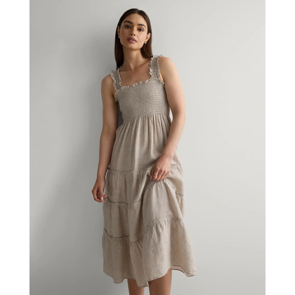 Quince 100% European Linen Smocked Tiered Midi Dress Flax Beige Small